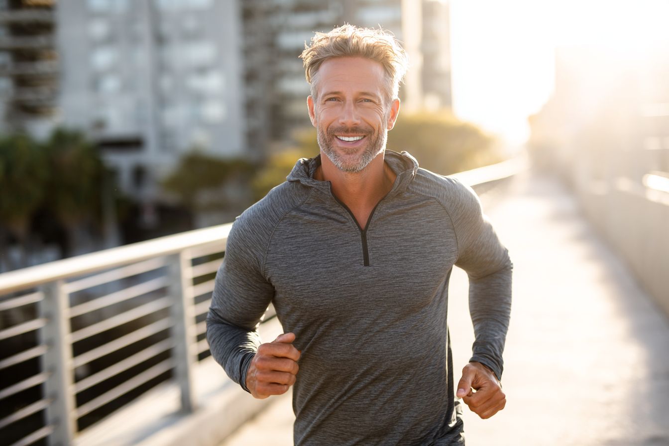 Fit man jogging with renewed energy