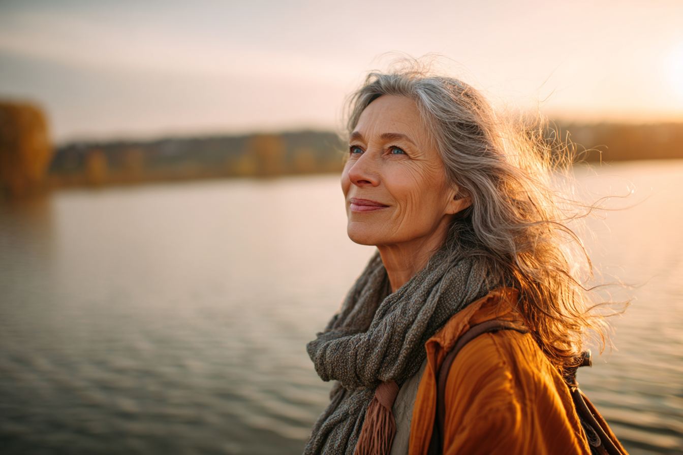 50-year-old woman walking alone by a calm lake